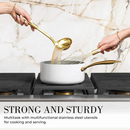 Styled Settings White and Gold Kitchen Utensils Set - 15-Piece Non-Scratch, White and Gold Utensils Set Includes White Silicone Cooking Utensils and White and Gold Measuring Cups and Spoons