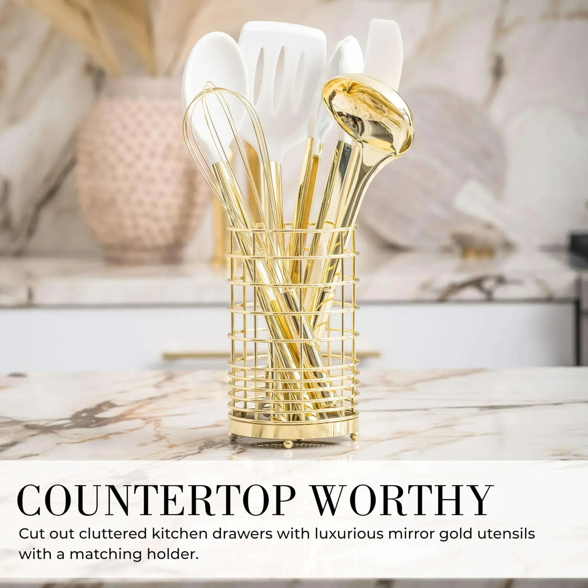 Styled Settings White and Gold Kitchen Utensils Set - 15-Piece Non-Scratch, White and Gold Utensils Set Includes White Silicone Cooking Utensils and White and Gold Measuring Cups and Spoons