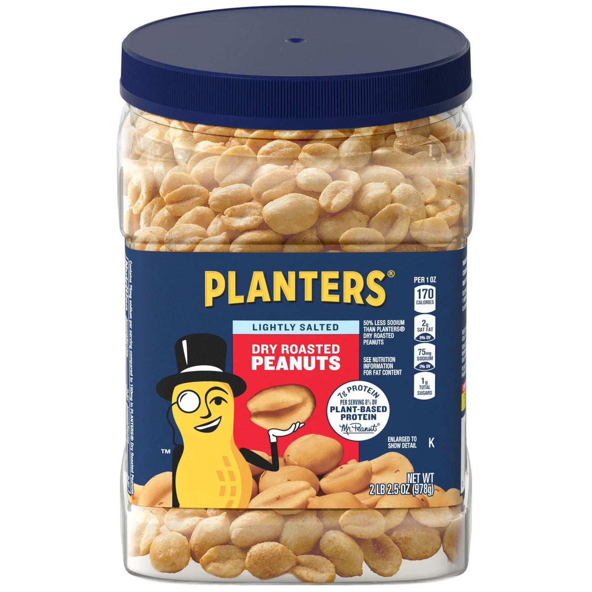 PLANTERS Lightly Salted Dry Roasted Peanuts, Party Snacks, Plant Based Protein, 2.16 lb Canister