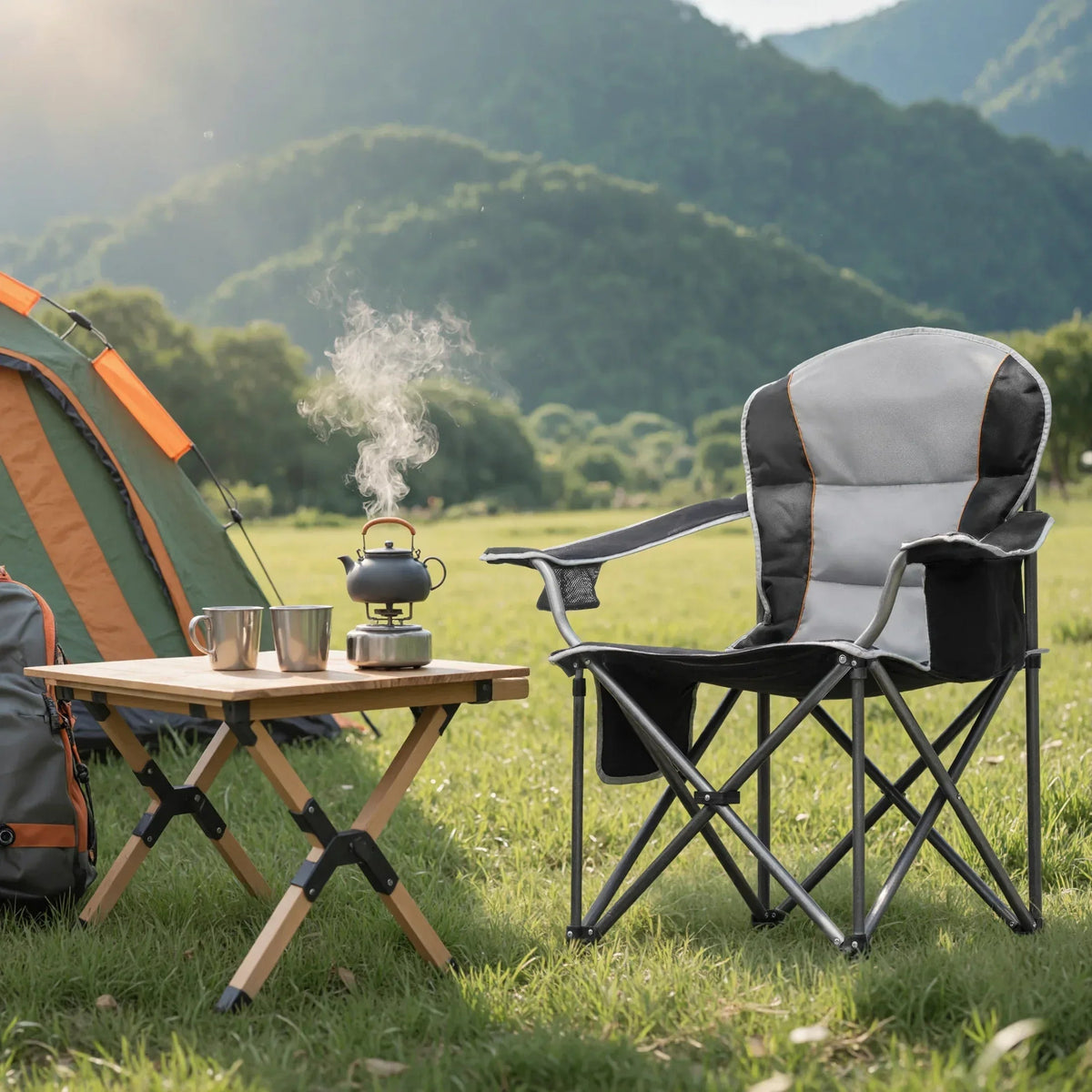 EDX Oversized Camping Folding Chair, Heavy Duty Padded Chair with Cup Holder Storage and Cooler Bag, 5000 LBS Steel Frame, Portable for Outdoor,Black Gray