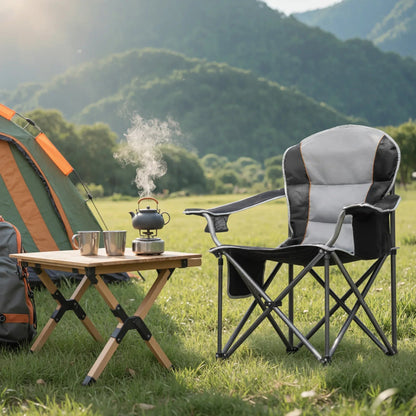 EDX Oversized Camping Folding Chair, Heavy Duty Padded Chair with Cup Holder Storage and Cooler Bag, 5000 LBS Steel Frame, Portable for Outdoor,Black Gray