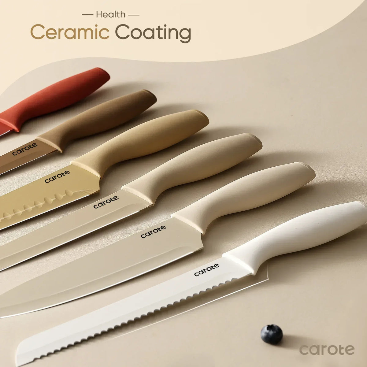 Carote 12 Pcs Kitchen Knife Set, Stainless Steel Knife Set with Nonstick Creamic Coating, Taupe