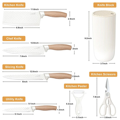 Joyfair Kitchen Knife Set, 7 Pcs Stainless Steel White Knives Block Set for Chef, Super Sharp Professional Knife Set with Universal Knife Block for Home Restaurant, Non-Stick & Anti-Rust