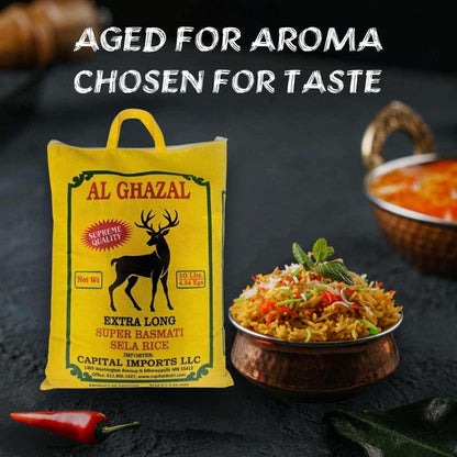 Al Ghazal Basmati Sela Rice Extra Long Super Basmati sela 10 Lbs / 4.54 kg, Non GMO, Extra Long Basmati Rice, White Rice, Vegan Dried Rice, BPA & Gluten Free, Zip Lock Bag, Non Sticky Grain