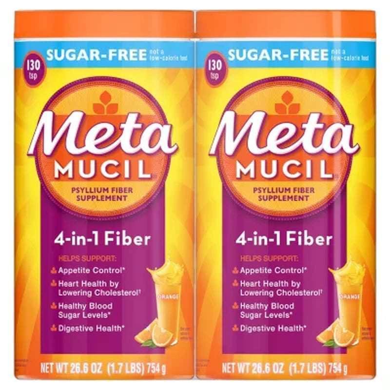 Metamucil Fiber 4-in-1 Psyllium Sugar-Free Fiber Supplement Powder, Orange Flavor, 26.6 oz, 2 Pack