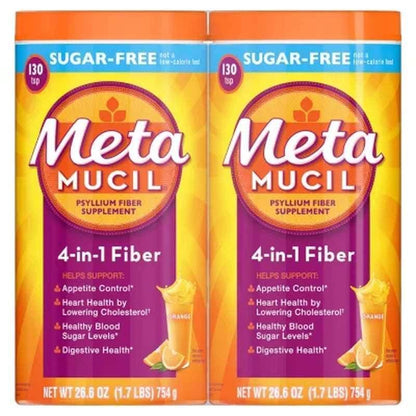 Metamucil Fiber 4-in-1 Psyllium Sugar-Free Fiber Supplement Powder, Orange Flavor, 26.6 oz, 2 Pack
