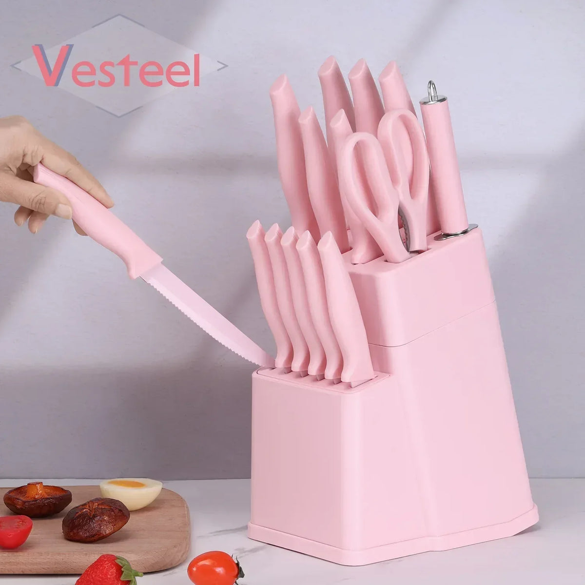 Vesteel Knife Set for Kitchen with Block, 15 Pcs High Carbon Stainless Steel Kitchen Knife Set with Self Sharpening