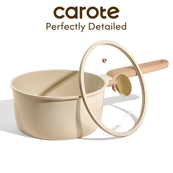 Carote 1.6QT & 3QT Ceramic Nonstick Saucepan Set with Lids, Small Cooking Pot, Induction Compatible, Oatmeal