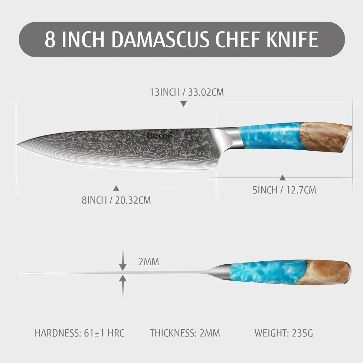 Hecef 8-Inch Chef Knife, Japanese Damascus Steel Blade with Resin Handle