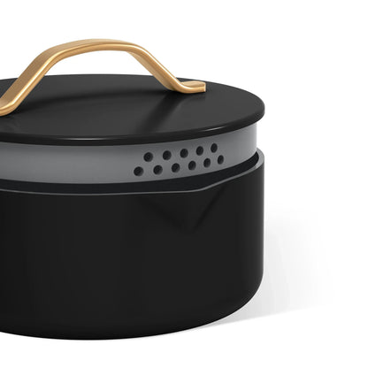 Beautiful 3 Quart Ceramic Non-Stick Covered Sauce Pan with Strainer Lid, Black Sesame by Drew Barrymore