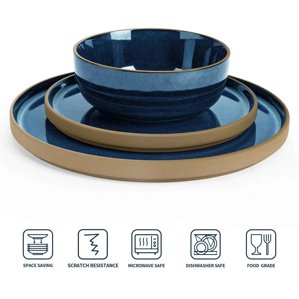 Famiware Nature 12-Piece Dinnerware Sets, Stoneware Dish Set, Midnight Blue