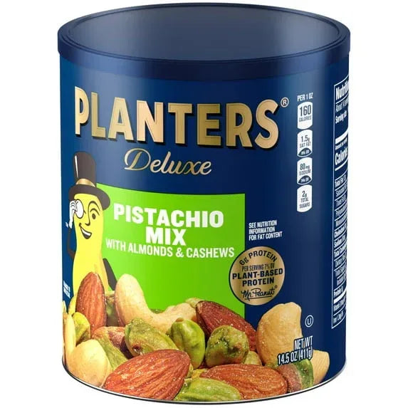 PLANTERS Deluxe Pistachio Mix, Party Snacks, Plant Based Protein, 14.5 oz Steel Can