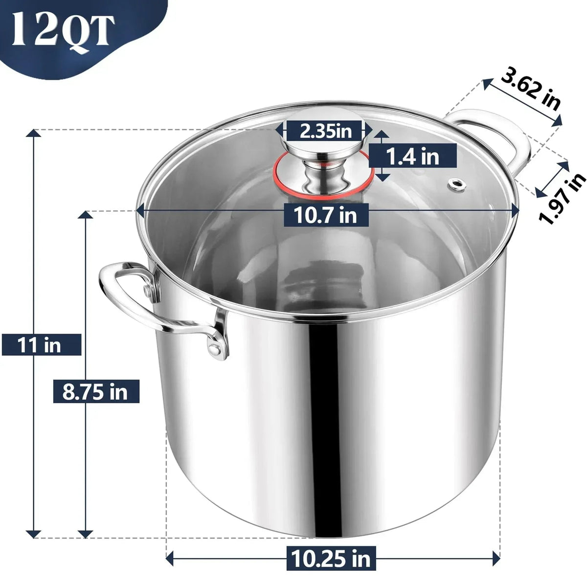 Coliware 12QT Stainless Steel Stock Pot with Glass Lid, 18/10 Food-Grade Material, 3-Ply Bottom, Induction Compatible, Dishwasher Safe