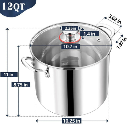 Coliware 12QT Stainless Steel Stock Pot with Glass Lid, 18/10 Food-Grade Material, 3-Ply Bottom, Induction Compatible, Dishwasher Safe