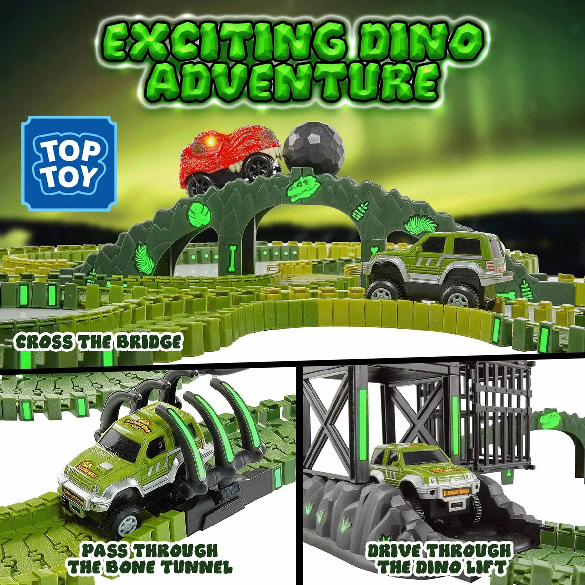 USA Toyz Dinosaur Dash Track 6 Dinosaurs LED Dino Car STEM Set Toy 225 Piece Tracks for Kids Ages 3+