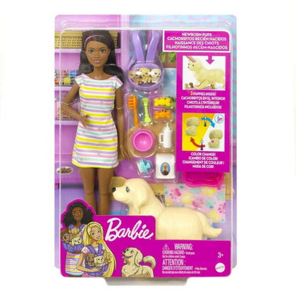 Barbie Pets Doll & Newborn Pups Playset with Mom Dog, 3 Color-Change Puppies & Accessories, Brunette