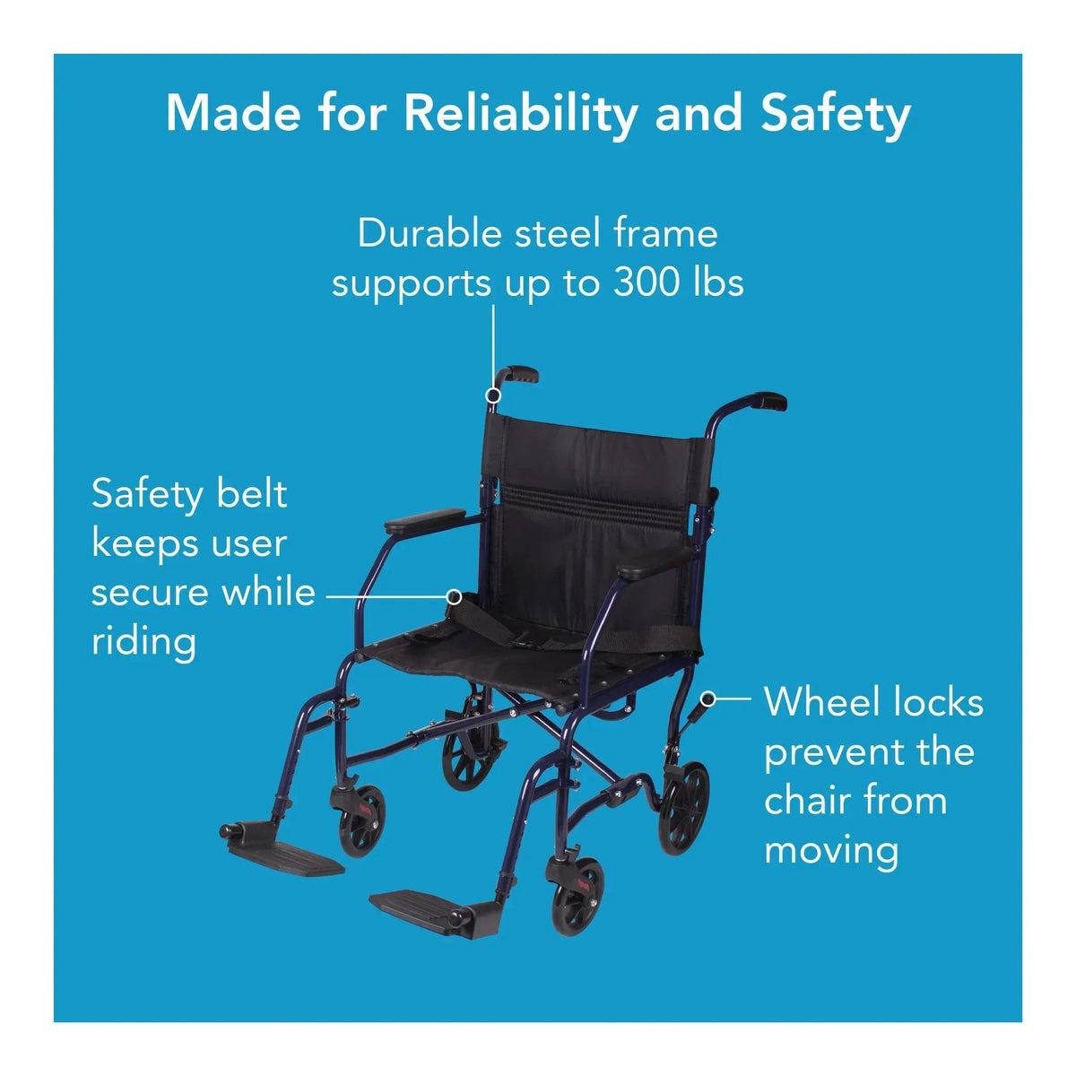 Carex Steel Transport Chair with 19" Seat, Swing-Away Footrests, Blue, 300 lb Weight Capacity