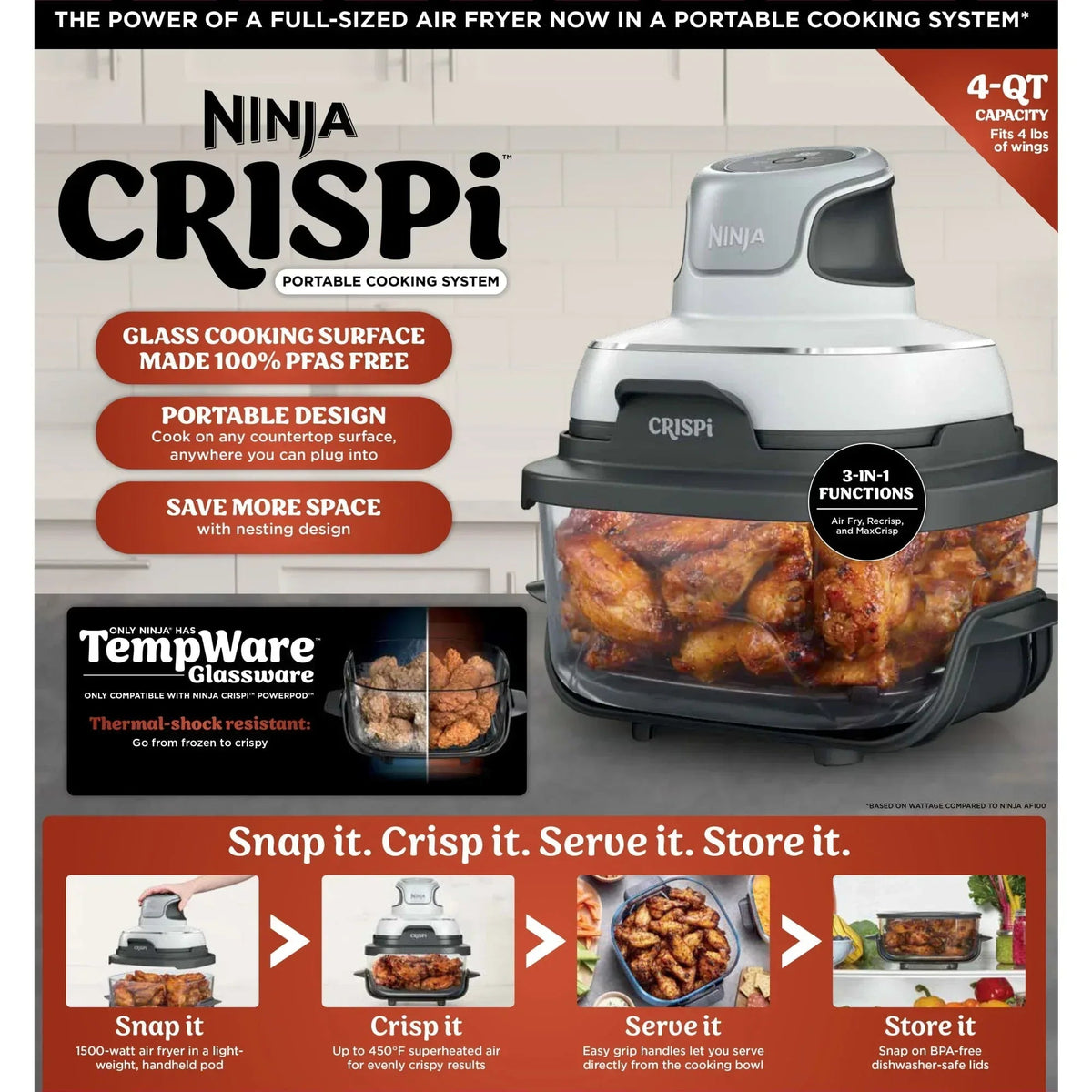 Ninja Crispi 3-in-1 Glass Air Fryer, 4-Qt Glass Container with Lid, 3 Functions, Air Fry, Recrisp, Portable, Dishwasher Safe, FN090 White