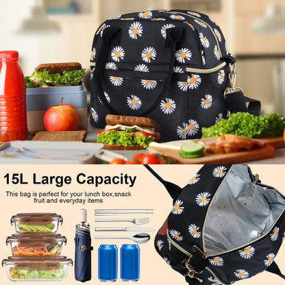 Insulated Lunch Bags for Women Men with Adjustable Shoulder Strap,AILKIN Large Lunch Box Tote Leakproof 8-12Hrs Cooler Reusable Thermal Lunch Bags for Women,Adults,School,Work,Office,Picnic,Daisy