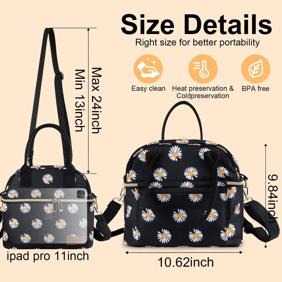 Insulated Lunch Bags for Women Men with Adjustable Shoulder Strap,AILKIN Large Lunch Box Tote Leakproof 8-12Hrs Cooler Reusable Thermal Lunch Bags for Women,Adults,School,Work,Office,Picnic,Daisy
