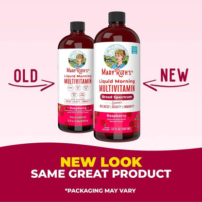 MaryRuth's Morning Multivitamin Liquid, Raspberry, Unisex, 32 Fl Oz, Vegan, Non-GMO, Vitamins C and D