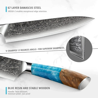 Hecef 8-Inch Chef Knife, Japanese Damascus Steel Blade with Resin Handle