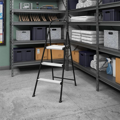 3-Step Folding Step Stool with Rubber Hand Grip, 8 Ft. 10 in. Max Reach (Black)
