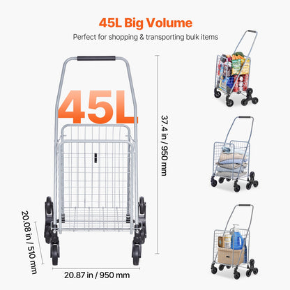 KFFKFF 45L Stair Climbing Grocery Cart with 360° Swivel Wheels, Foldable and Lightweight Utility Cart for Laundry, Travel, and Shopping, Silver