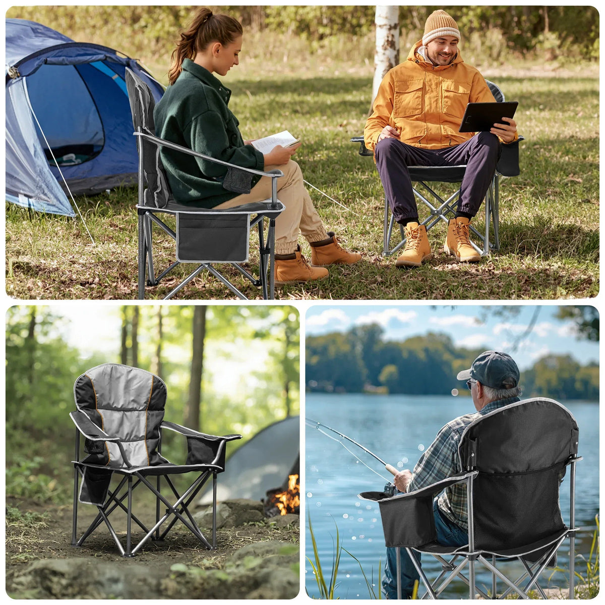 EDX Oversized Camping Folding Chair, Heavy Duty Padded Chair with Cup Holder Storage and Cooler Bag, 5000 LBS Steel Frame, Portable for Outdoor,Black Gray