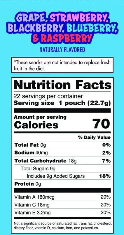 Dole Fruit Snacks, Mixed Berries Flavored, Big 9 Allergen Free, Dye Free, Gluten Free, Gelatin Free, Lunch Snacks 22 Count