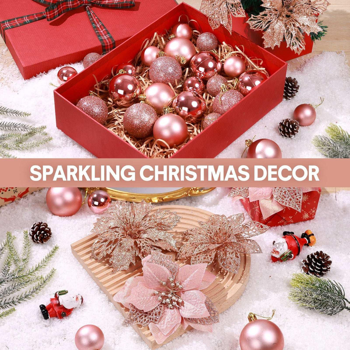 Ayieyill 92Pcs Christmas Tree Decorations Includes Poinsettia Christmas Flowers, Ball Ornaments, Artificial Glitter Berry Stems, Snowflake and Icicle Drop Crystal Ornaments | Rose Glod