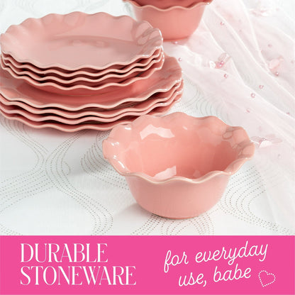 Paris Hilton Heiress Collection 12-Piece Stoneware Dinnerware Set, Plates & Bowls Dish Set, Service for 4, Microwave & Dishwasher Safe, Rose Pink with Scalloped Ruffle Rim