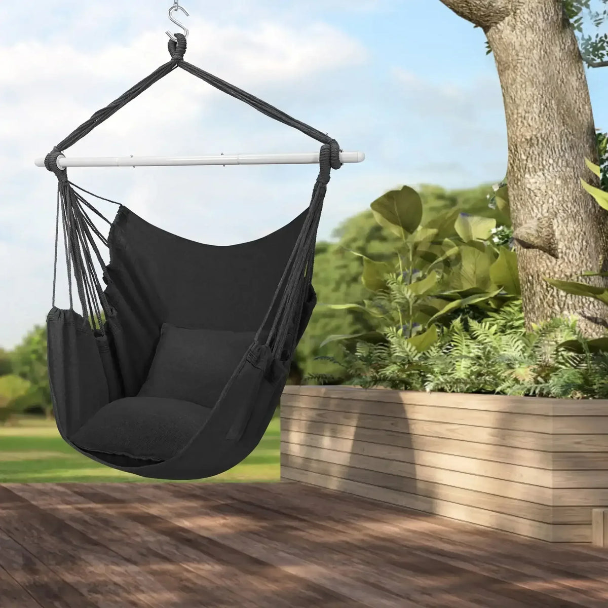 Large Hammock Chair Swing, Relax Hanging Rope Swing Chair with Detachable Metal Support Bar & Two Seat Cushions, Cotton Hammock Chair Swing Seat for Yard Bedroom Patio Porch Indoor Outdoor