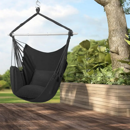 Large Hammock Chair Swing, Relax Hanging Rope Swing Chair with Detachable Metal Support Bar & Two Seat Cushions, Cotton Hammock Chair Swing Seat for Yard Bedroom Patio Porch Indoor Outdoor
