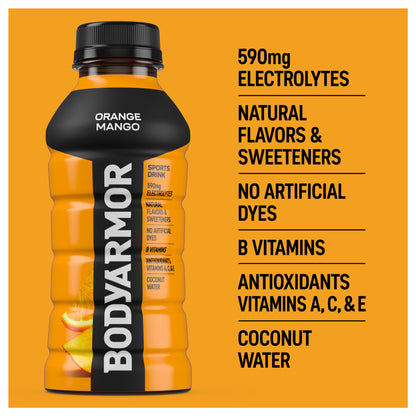 BODYARMOR Orange Mango Electrolyte Sports Drink Bottles, 12 fl oz, 8 pack