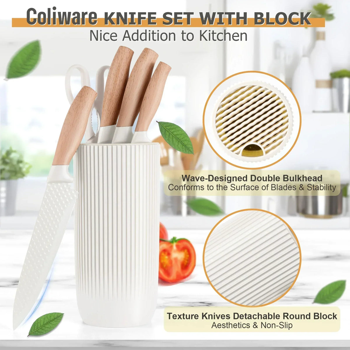 Joyfair Kitchen Knife Set, 7 Pcs Stainless Steel White Knives Block Set for Chef, Super Sharp Professional Knife Set with Universal Knife Block for Home Restaurant, Non-Stick & Anti-Rust