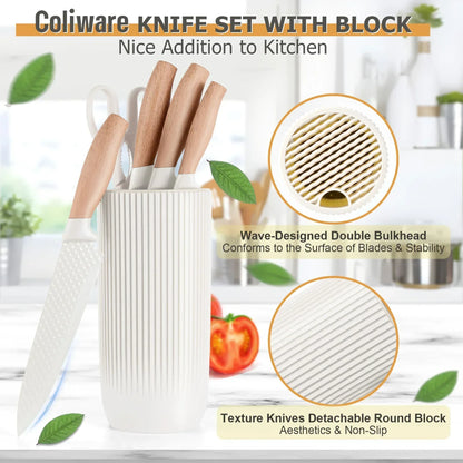 Joyfair Kitchen Knife Set, 7 Pcs Stainless Steel White Knives Block Set for Chef, Super Sharp Professional Knife Set with Universal Knife Block for Home Restaurant, Non-Stick & Anti-Rust