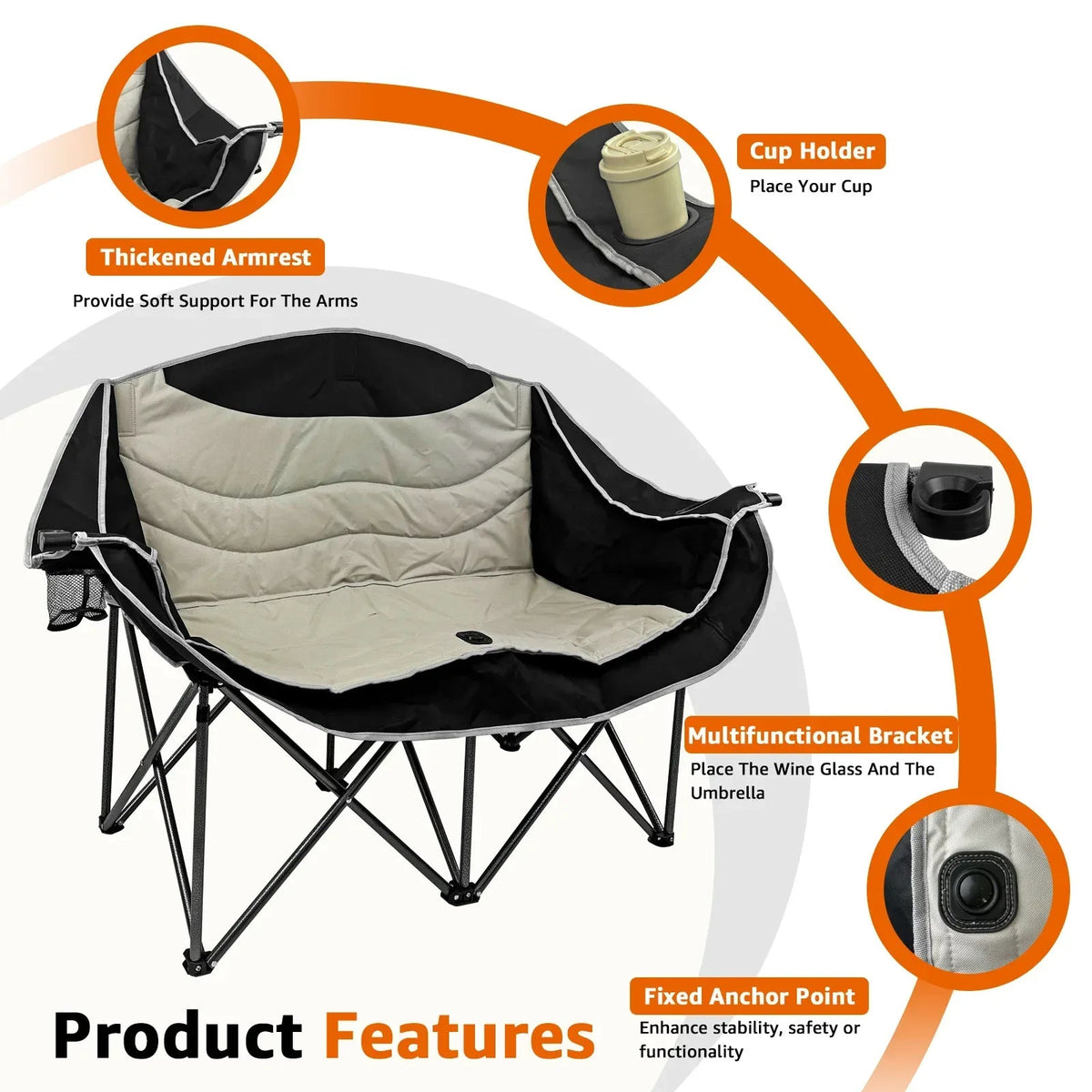 Jacgood Double Camping Chair for Couples, Comfortable Folding Loveseat with 2 Cup Holders & Armrests, Heavy-Duty 660lb Capacity for Camping