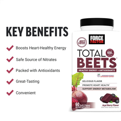 Force Factor Total Beets, Beet Root Supplement with Beetroot Powder for Heart Health, Nitric Oxide & Energy, Acai Berry, 60 Soft Chews