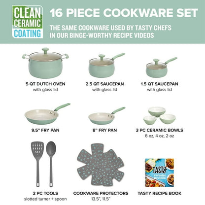 Tasty Clean Ceramic 16 Piece Non-Stick Aluminum Cookware Set, Sage Green