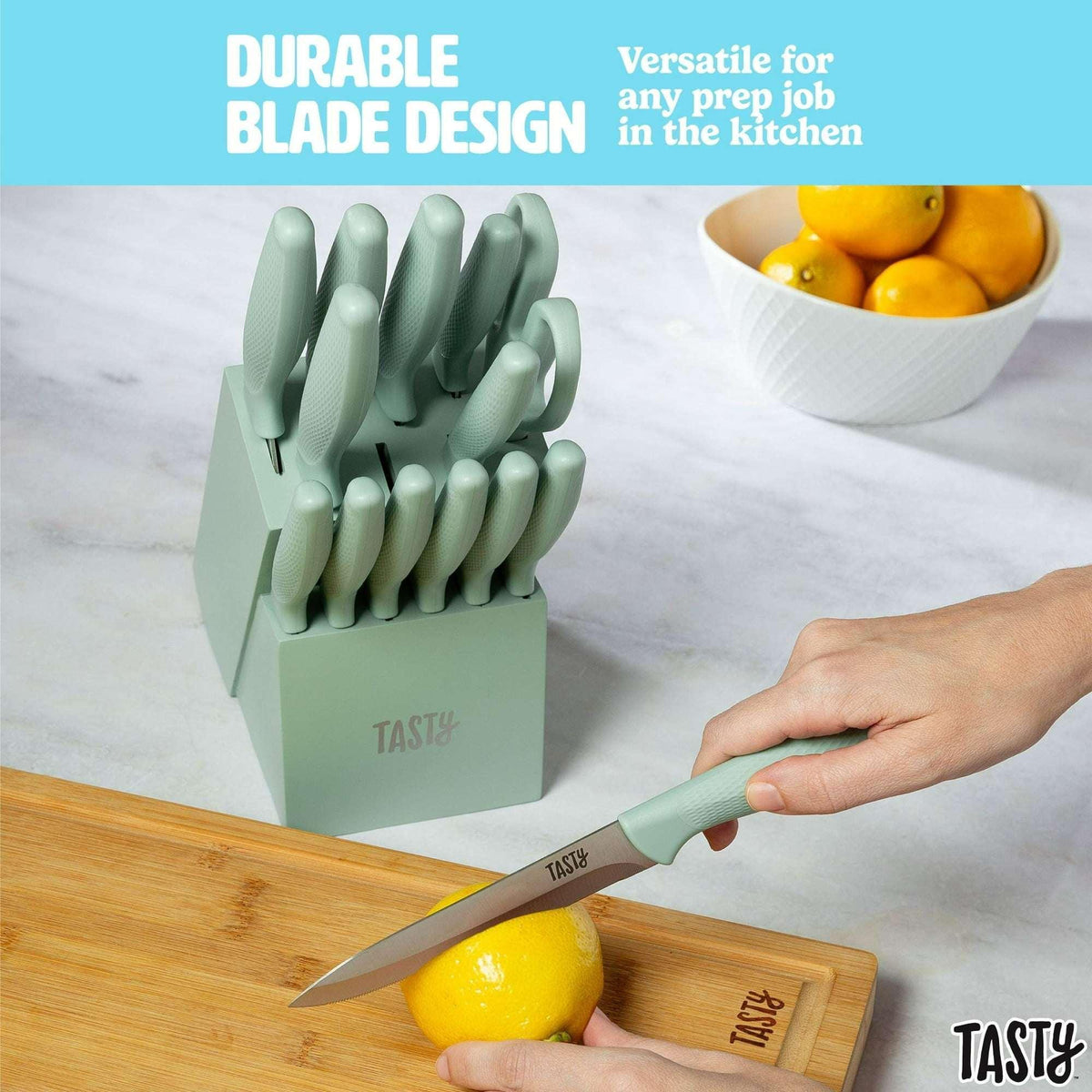 Tasty 15-Piece Stainless Steel Kitchen Knife Set With Block, Soft-Grip Handles Slate Blue