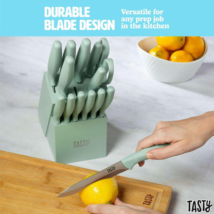 Tasty 15-Piece Stainless Steel Kitchen Knife Set With Block, Soft-Grip Handles Slate Blue