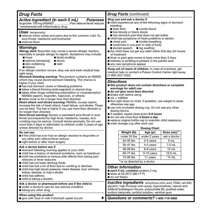 Equate Children’s Ibuprofen Oral Suspension, 100 mg/5 mL, Berry Flavor, Ages 2 to 11 Years, 8 fl oz