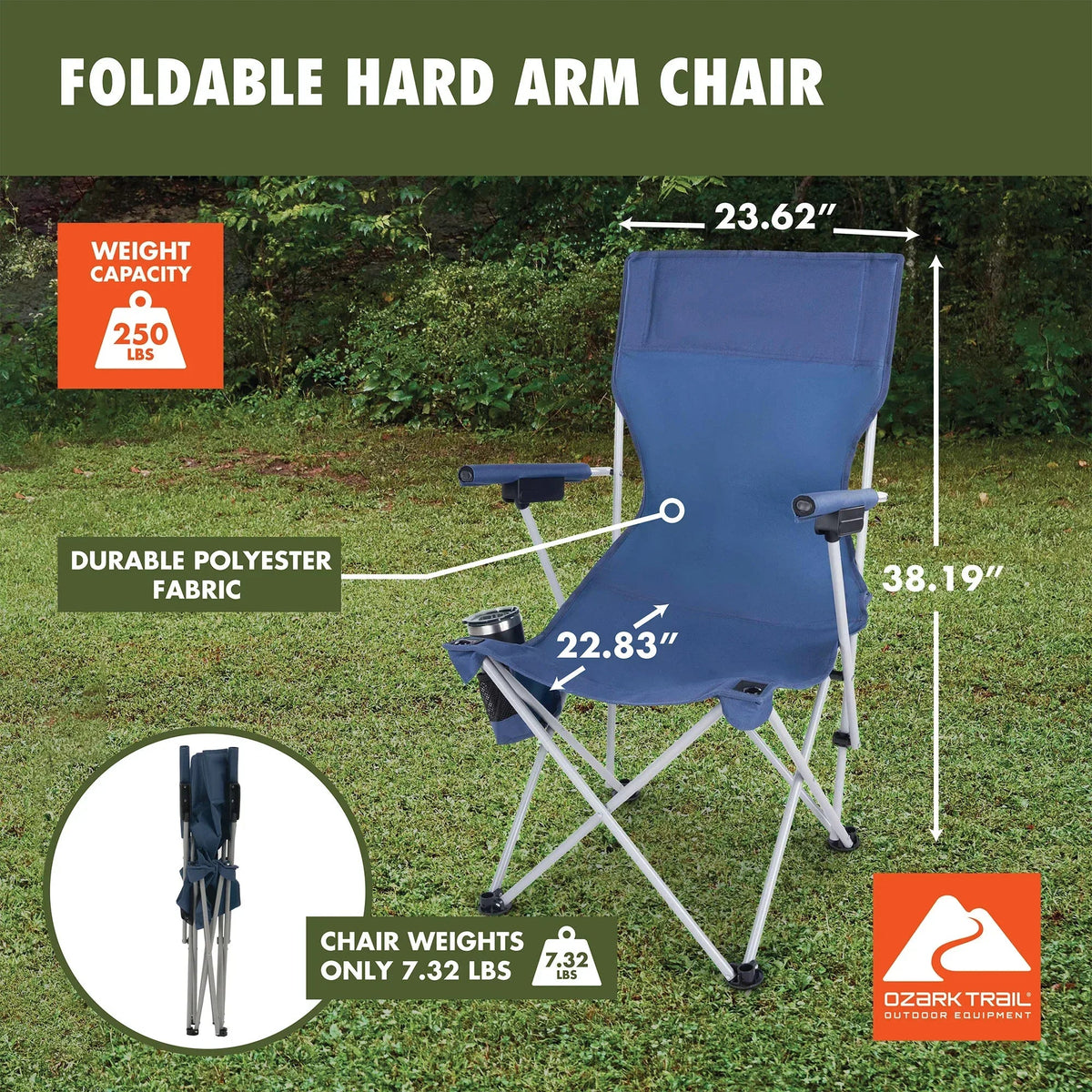 Ozark Trail Hard Arm Camping Chair with Durable Polyester Seat and Steel Frame, Portable with Cup Holder
