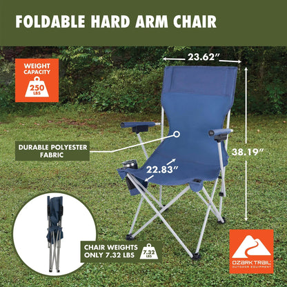 Ozark Trail Hard Arm Camping Chair with Durable Polyester Seat and Steel Frame, Portable with Cup Holder