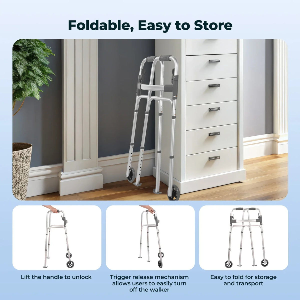 Naipo Compact Folding Walker with Trigger Release and Glide Skis for Seniors Elderly, 5 Inches Front Wheels Support Up to 350lbs, Silver