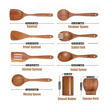 TEAFIRST 9 Pcs Wooden Utensils for Cooking Wooden Utensils for Kitchen, Heat Resistant, Non-Stick