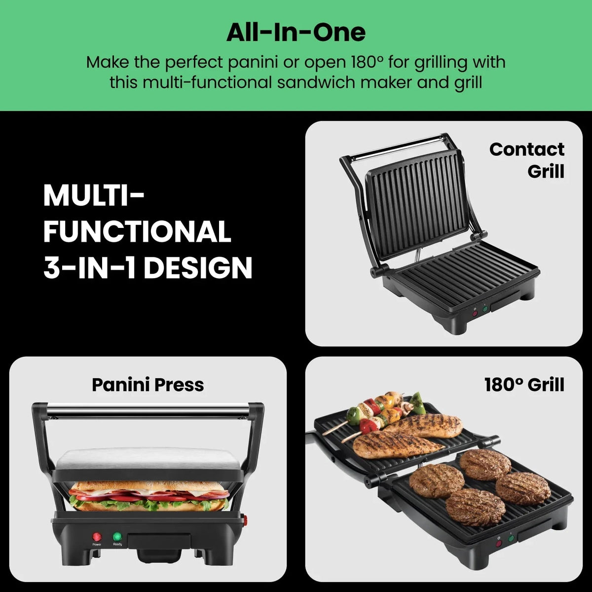 Chefman 3-in-1 Panini Press & Grill, 4-Slice Non-Stick, Opens Flat - Stainless Steel