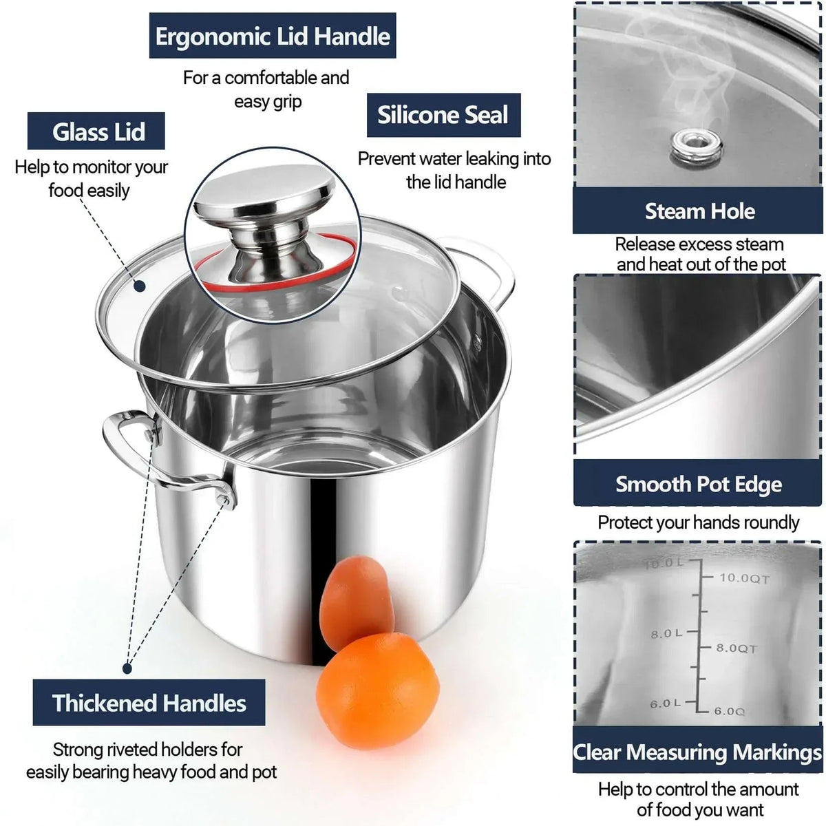 Coliware 12QT Stainless Steel Stock Pot with Glass Lid, 18/10 Food-Grade Material, 3-Ply Bottom, Induction Compatible, Dishwasher Safe