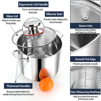 Coliware 12QT Stainless Steel Stock Pot with Glass Lid, 18/10 Food-Grade Material, 3-Ply Bottom, Induction Compatible, Dishwasher Safe